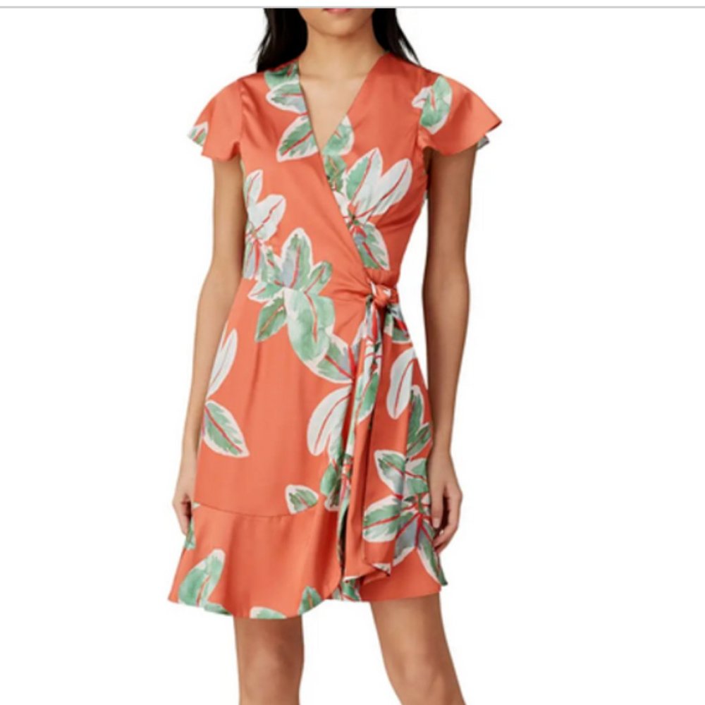 Hutch Britton wrap mini dress orange satin flutter sleeves